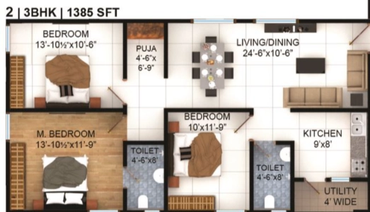 Vasavi lake city Floor Plan - 1385 sq.ft. 